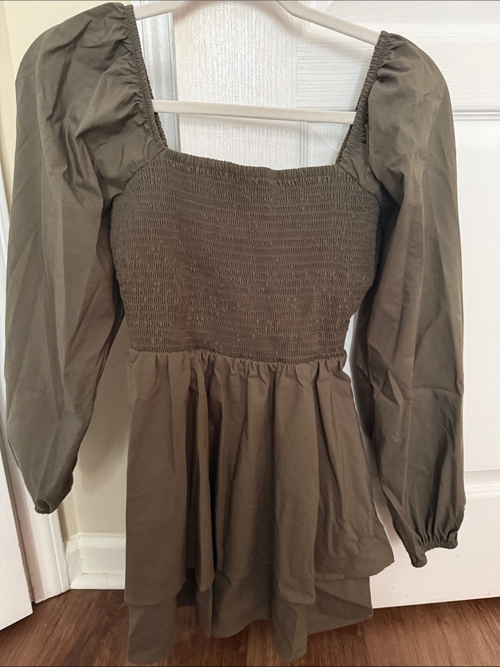 Express Olive Long Sleeve Smocked Peasant Dress